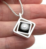 Tiny Offset Square Necklace in Black, White, and Gray Glass and Sterling Silver