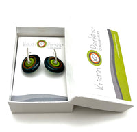 Large Spun Disk Earrings in Deep Teal, Orange, and Green, Orange, and Green Glass