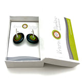 Large Spun Disk Earrings in Deep Teal, Orange, and Green, Orange, and Green Glass