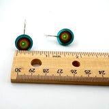 Medium Short Circle Earrings in Green, Orange, and Teal Glass and Sterling Silver