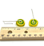 Large Long Spun Disk Earrings Yellow and Green Glass