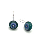 Small Short Circle Earrings in Lavender, Violet, and Deep Bottle Green Glass and Sterling Silver