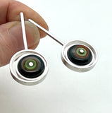 Offset Circle Long Stud Earrings in Green, Orange, and Deep Bottle Green Glass and Sterling Silver
