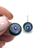 Small Short Circle Earrings in Lavender, Violet, and Deep Bottle Green Glass and Sterling Silver