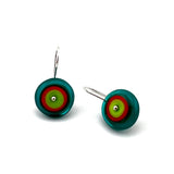 Medium Short Circle Earrings in Green, Orange, and Teal Glass and Sterling Silver