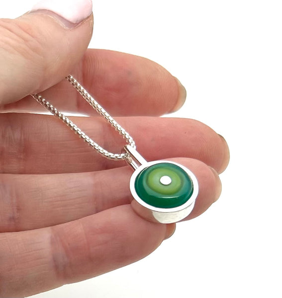 Tiny Framed Circle Necklace in Greens and Teal Glass and Sterling Silver