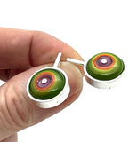 Framed Circle Short Circle Earrings in Green, Orange, and Lavender Glass and Sterling Silver