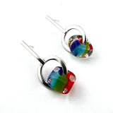 Rainbow Striped Cube Earrings on Silver Circle Long Post