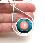 Large Modern Raindrop Necklace in Pink, Orange, and Dark Turquoise Glass and Sterling Silver