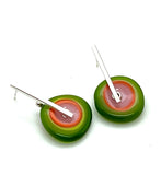 Large Spun Disk Earrings in Green, Orange, and Pink Glass
