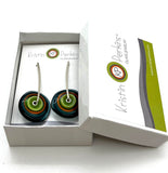 Large Long Spun Disk Earrings in Dark Teal, Orange, and Green Glass