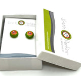Circle Stud Earrings in Green, Pink, and Orange Glass and Sterling Silver