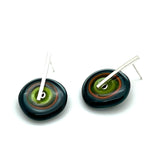 Large Spun Disk Earrings in Deep Teal, Orange, and Green, Orange, and Green Glass