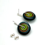 Large Spun Disk Earrings in Deep Teal, Orange, and Green, Orange, and Green Glass