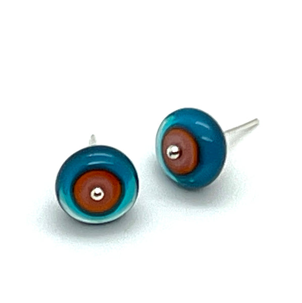 Circle Stud Earrings in Turquoise, Blue,  Pink, and Orange Glass and Sterling Silver