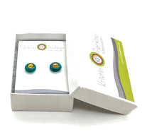 Circle Stud Earrings in Teal, Orange, and Chartreuse Glass and Sterling Silver