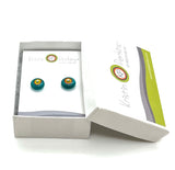 Circle Stud Earrings in Teal, Orange, and Chartreuse Glass and Sterling Silver