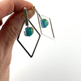 Large Striped Cube Glass and Silver Diamond Shape Earrings
