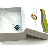 Tiny Framed Circle Necklace in Mint, Turquoise, and Steel Blue Glass and Sterling Silver