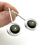 Offset Circle Long Stud Earrings in Green, Orange, and Deep Bottle Green Glass and Sterling Silver
