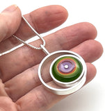 Offset Circle Green, Orange,  and Lavender Glass and Sterling Silver