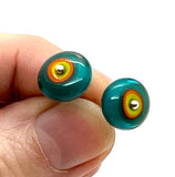 Circle Stud Earrings in Teal, Orange, and Chartreuse Glass and Sterling Silver