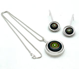 Offset Circle Green, Orange, Teal, and Deep Bottle Green Glass and Sterling Silver
