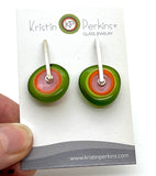 Large Spun Disk Earrings in Green, Orange, and Pink Glass
