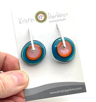 Large Spun Disk Earrings in Dark Aqua, Orange, and Pink Glass