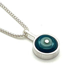 Tiny Framed Circle Necklace in Mint, Turquoise, and Steel Blue Glass and Sterling Silver