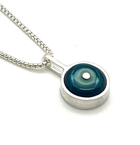 Tiny Framed Circle Necklace in Mint, Turquoise, and Steel Blue Glass and Sterling Silver
