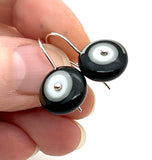 Small Short Circle Earrings in Black, White, and Gray Glass and Sterling Silver