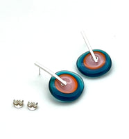 Large Spun Disk Earrings in Dark Aqua, Orange, and Pink Glass
