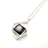 Modern Pentagon Necklace in Black, Gray, and White Glass and Sterling Silver
