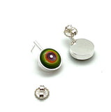 Framed Circle Short Circle Earrings in Green, Orange, and Lavender Glass and Sterling Silver