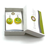 Large Spun Disk Earrings Yellow and Green Glass