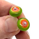 Circle Stud Earrings in Green, Pink, and Orange Glass and Sterling Silver
