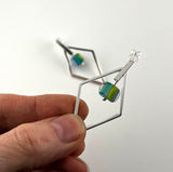 Large Striped Cube Glass and Silver Diamond Shape Earrings