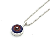 Tiny Framed Circle Necklace in Red Orange, Violet, and Gray Glass and Sterling Silver