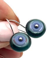 Small Short Circle Earrings in Lavender, Violet, and Deep Bottle Green Glass and Sterling Silver