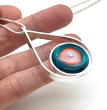 Large Modern Raindrop Necklace in Pink, Orange, and Dark Turquoise Glass and Sterling Silver
