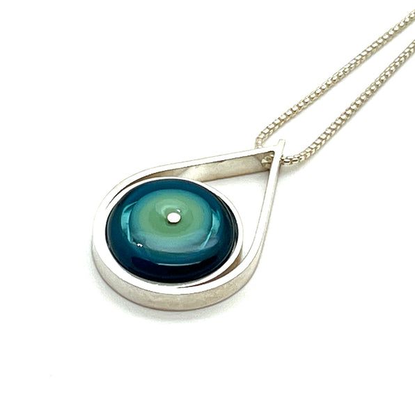 Modern Raindrop Necklace in Mint Green, Turquoise, and Steel Blue Glass and Sterling Silver