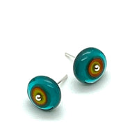 Circle Stud Earrings in Teal, Orange, and Chartreuse Glass and Sterling Silver