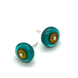 Circle Stud Earrings in Teal, Orange, and Chartreuse Glass and Sterling Silver