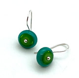 Small Short Circle Earrings in Green and Teal Glass and Sterling Silver