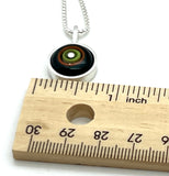 Tiny Framed Circle Necklace in Green, Orange, Teal, and Deep Bottle Green Glass and Sterling Silver