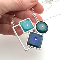 Falling Shapes Necklace in Blue, Turquoise, and Mint Glass and Sterling Silver
