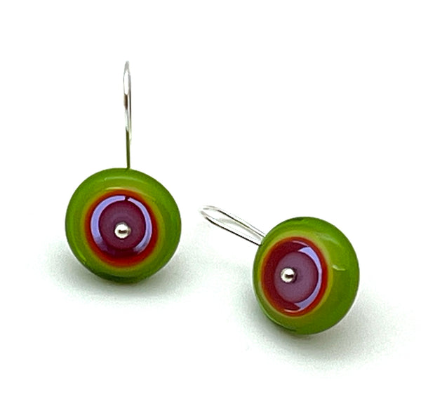 Dangle Earrings in Lavender, Orange, and Green Glass and Sterling Silver