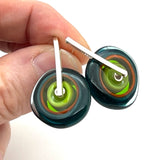 Large Spun Disk Earrings in Deep Teal, Orange, and Green, Orange, and Green Glass