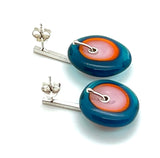 Large Spun Disk Earrings in Dark Aqua, Orange, and Pink Glass